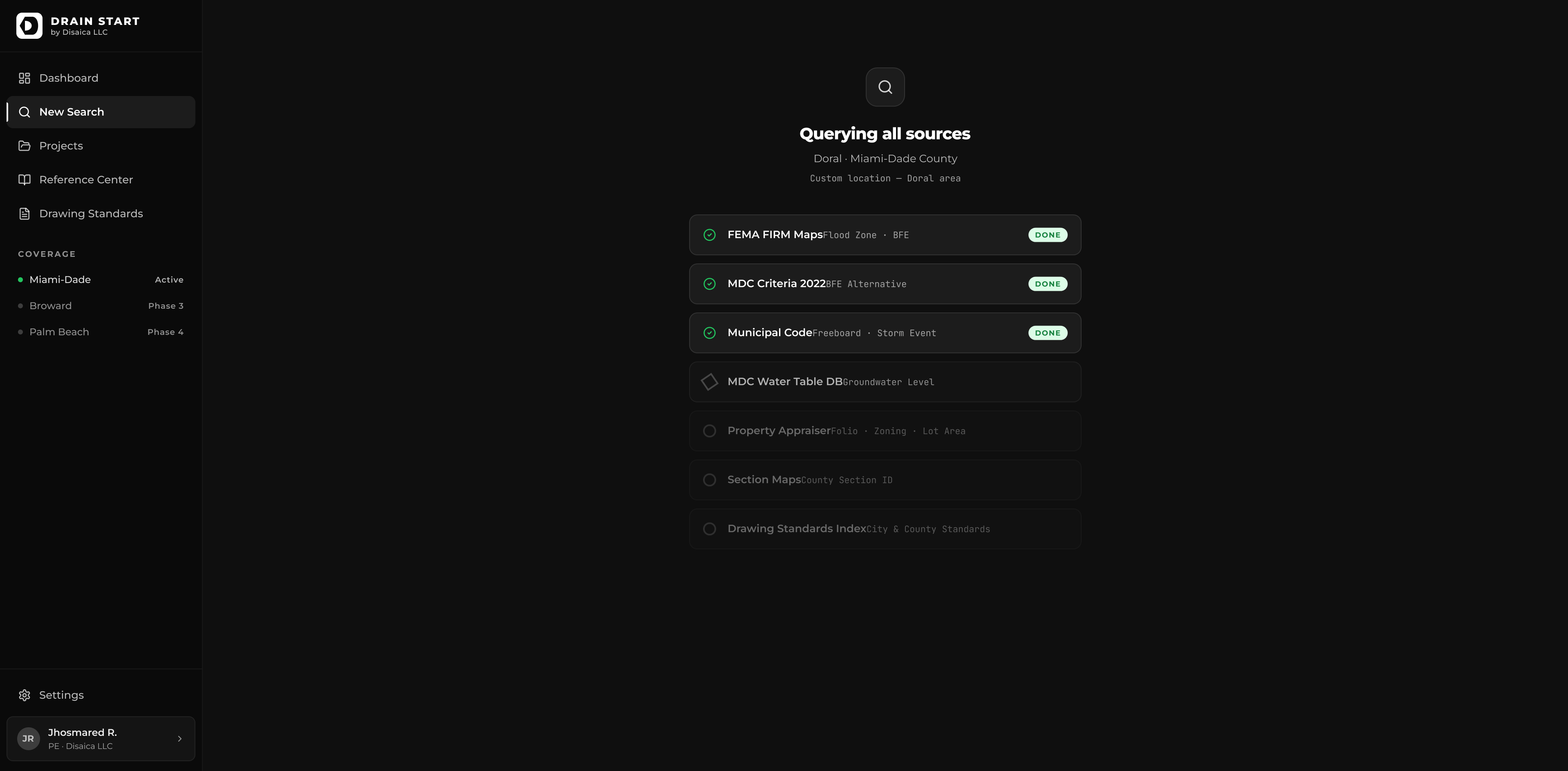 Step 2 — Drain Start queries FEMA, county, municipal, and appraiser sources