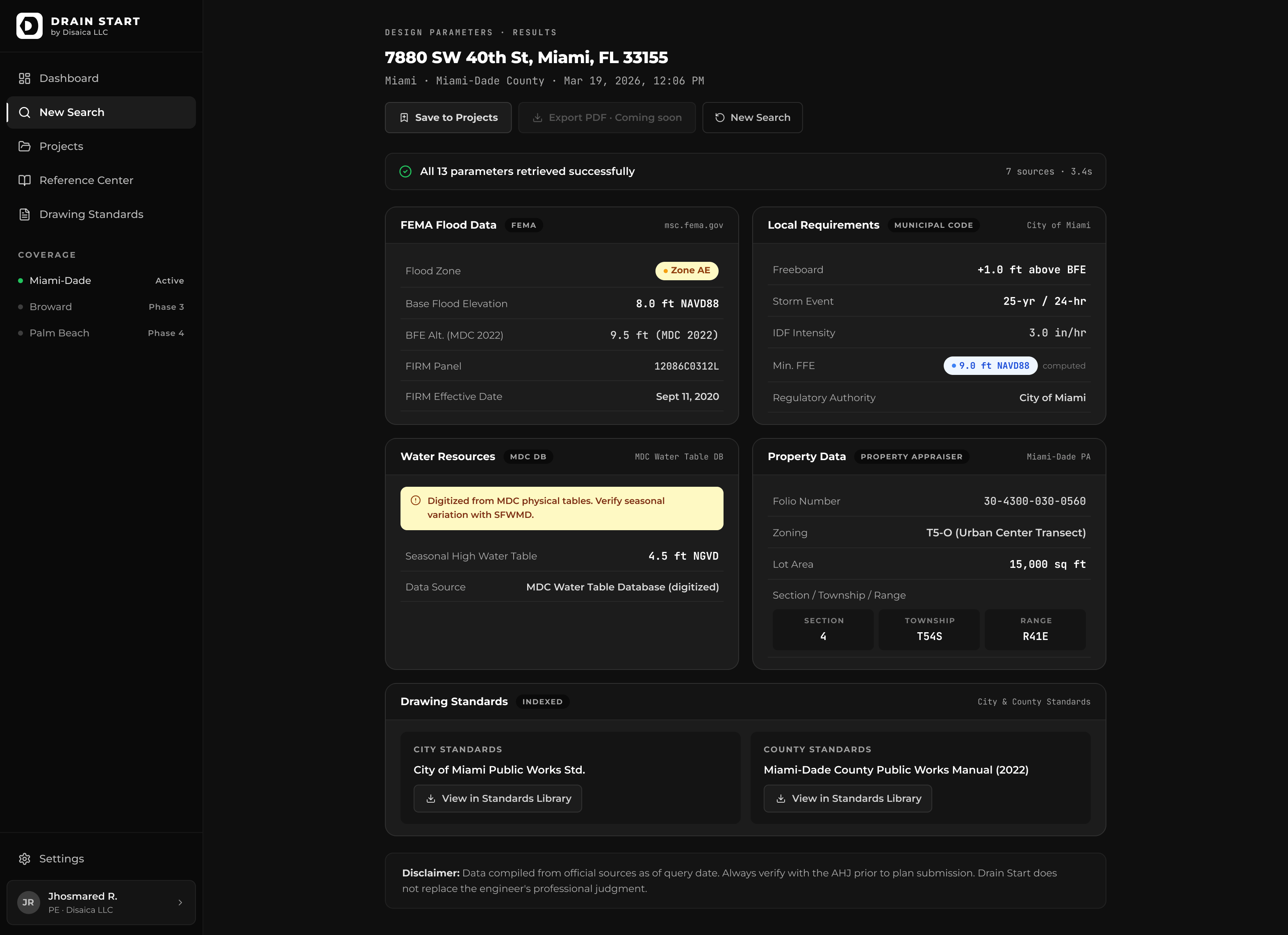 Drain Start desktop app: flood zone, BFE, and design criteria in one results panel